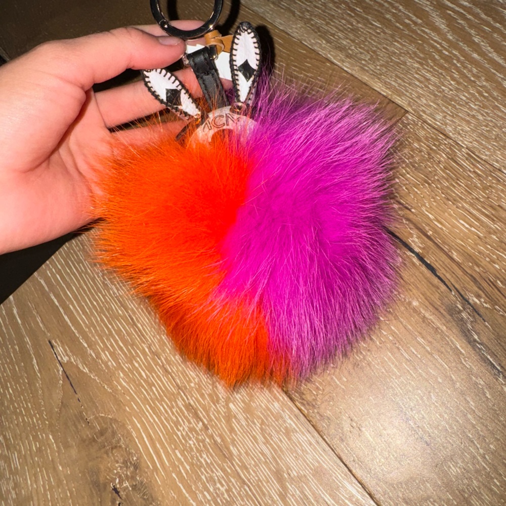MCM rabbit pink/orange fur ball bag or key charm